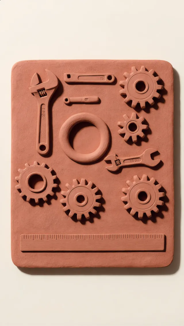 Tablero de arcilla con llaves, engranajes y una regla en relieve