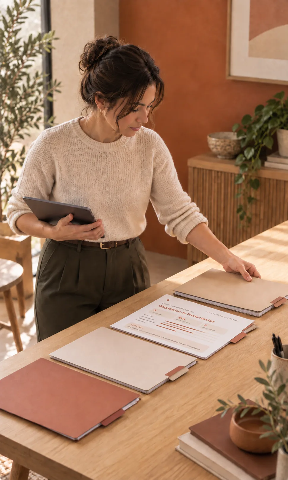 Una mujer con una tableta en la mano revisa carpetas y documentos ordenados sobre una mesa