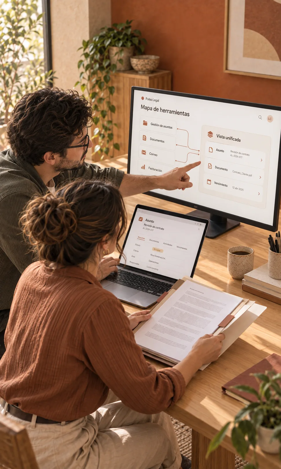Dos personas revisan en el monitor un mapa de herramientas conectadas en una vista unificada