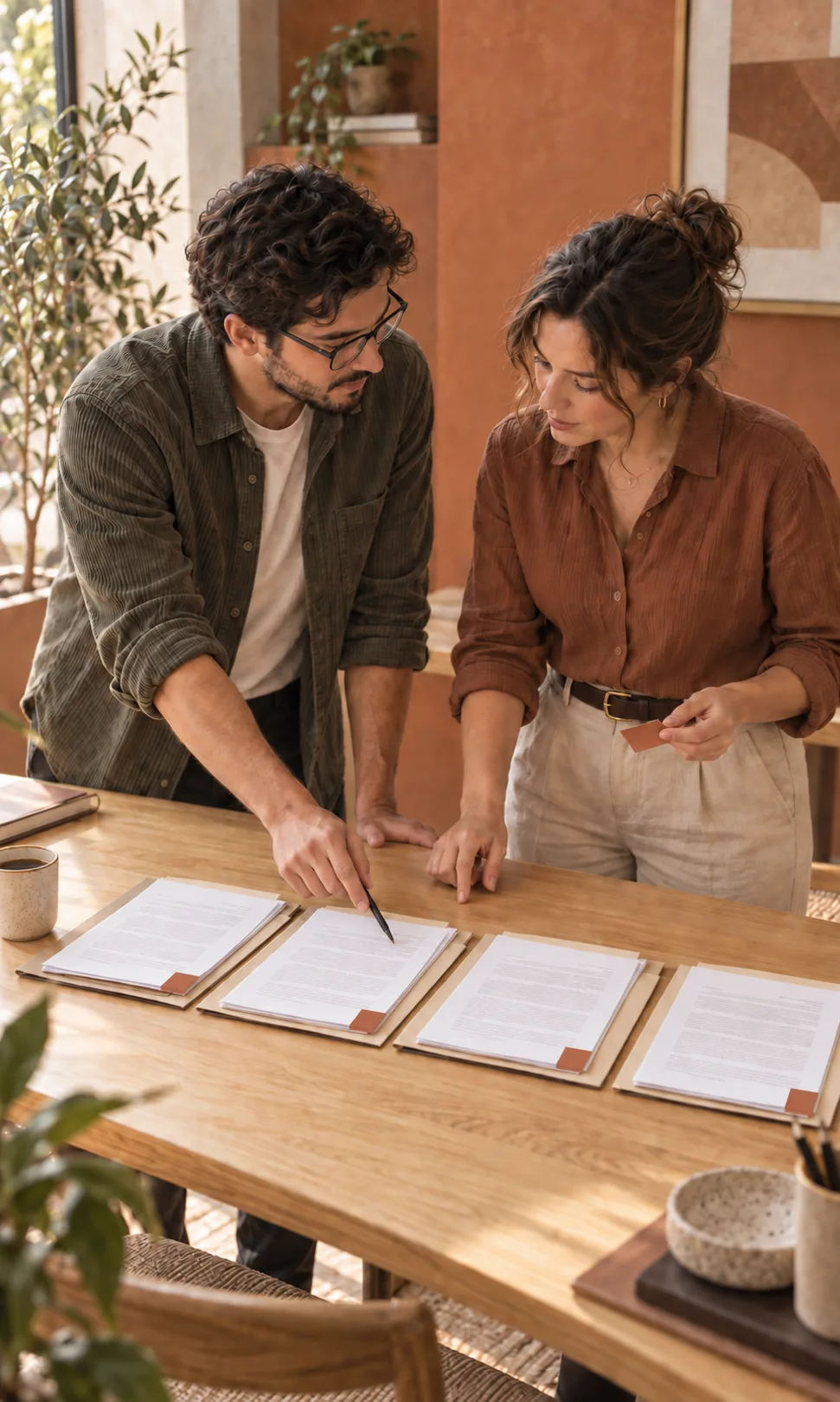 Dos personas revisan documentos impresos alineados sobre una mesa