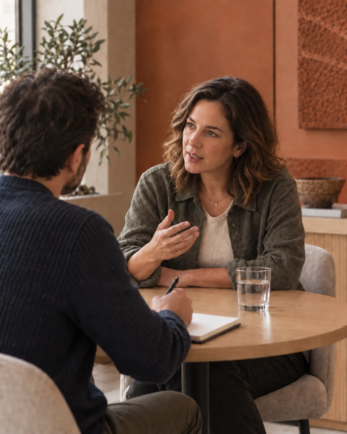Dos personas conversan en una mesa: una explica y la otra toma notas